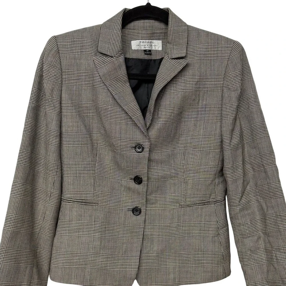 100% Wool Blazer Jacket Petite 4P 3-Button‎ Grey Glen Plaid Office Career